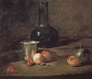 Jean Baptiste Simeon Chardin Wine glass bottles fitted five silver Cherry wine a two peach apricot, and a green apple oil on canvas
